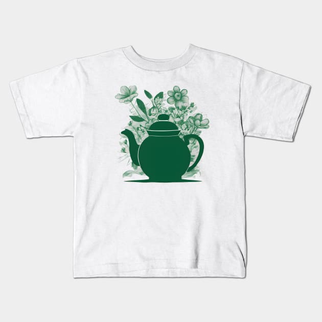 Pot of green Tea and Flowers Kids T-Shirt by craftydesigns